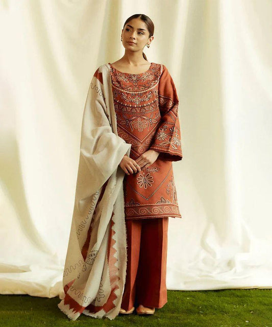 3 Pcs Women's Unstitched Dhanak Embroidered Suit