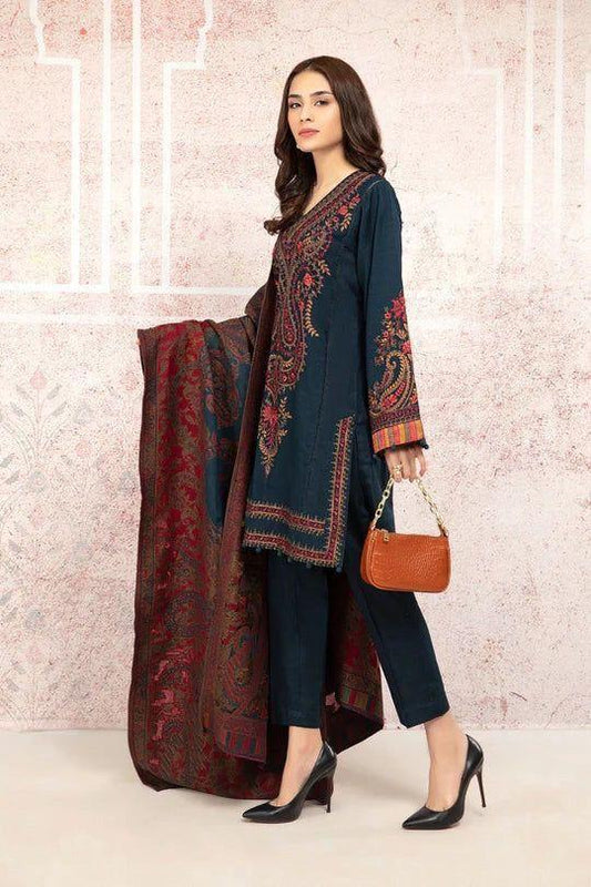 3 Pcs Women's Unstitched Dhanak Embroidered Suit