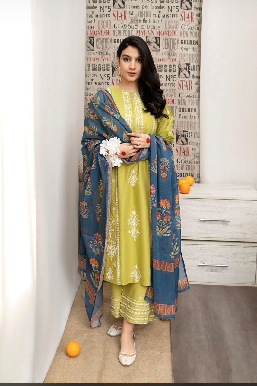 3 Pcs Women's Unstitched Dhanak Embroidered Suit