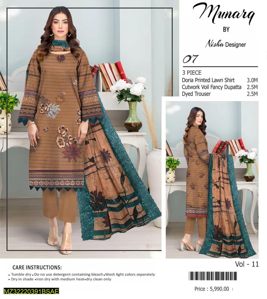 3 Pcs Women's Unstitched Lawn Suite By Munarq